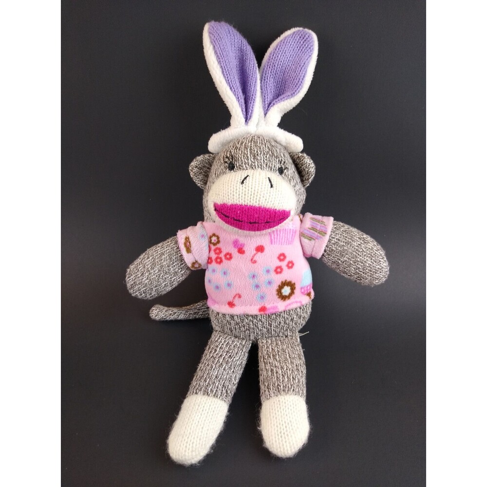 Plush Sock Monkey w Pink Floral Shirt Purple Bunny Ears Dan Dee Stuffed Animal